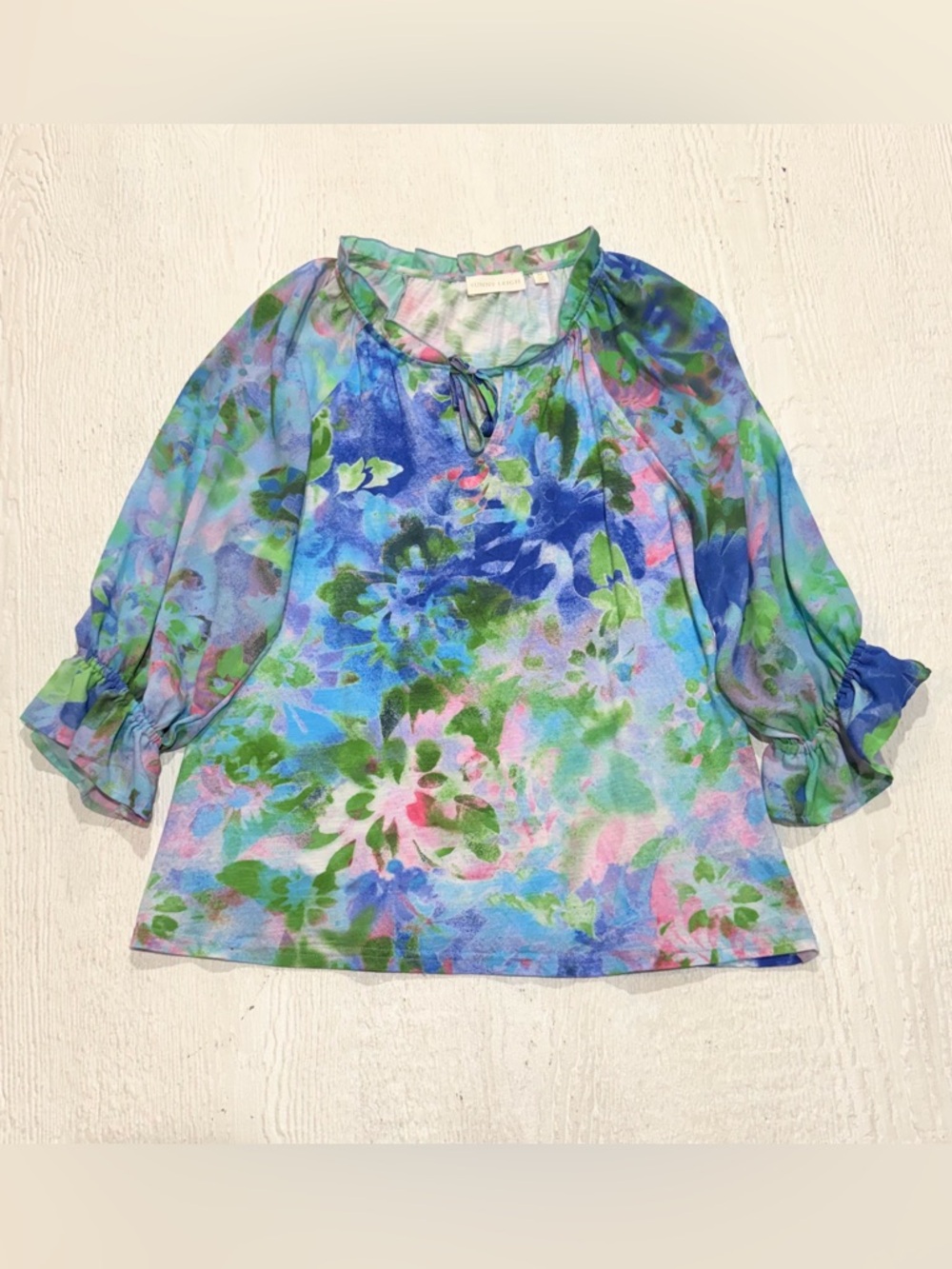 Sunny Leigh Floral Resort Blouse Floral Watercolor Tie-Neck Flowy Top Cruise